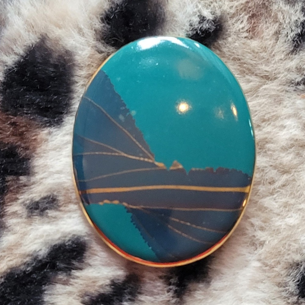 Vintage Teal Abstract Ceramic Oval Brooch Gold Accent Minimalist Art Pin Jewelry